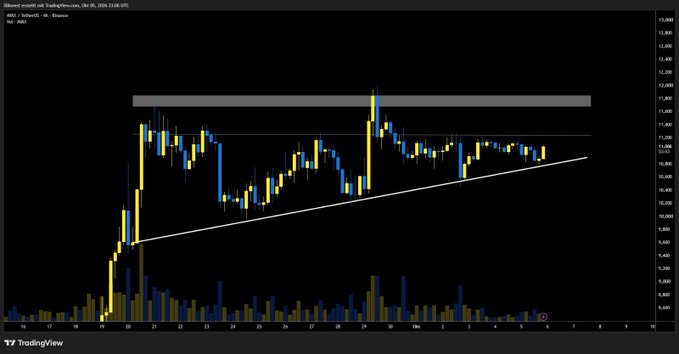 A TradingView candlestick chart for BTC/USD displayed on a 1-hour timeframe, showing a price range with an ascending trendline drawn across the support points.