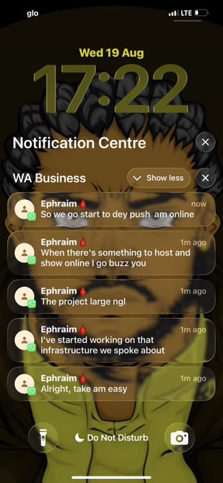 An iPhone screenshot of a notification center showing WhatsApp Business messages from 'Ephraim' with Nigerian pidgin English, timestamped Wed 19 Aug at 17:22.