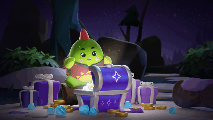 The image features a green dragon toy sitting next to a blue chest filled with presents, including gold coins. The scene takes place at night under a dark sky, creating an atmosphere of mystery and excitement. The dragon appears to be holding one of the presents in its mouth, adding a sense of adventure and wonder to the scene.