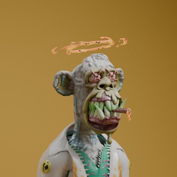 A surreal sculptural figure of a grotesque face with exaggerated teeth smoking a cigar against a mustard-yellow background.