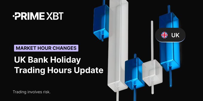 A promotional banner for PrimeXBT announcing 'Market Hour Changes' and a 'UK Bank Holiday Trading Hours Update' with a UK flag indicator and a 'Trading involves risk' disclaimer.