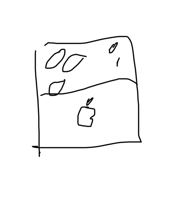A rough hand-drawn sketch of a refrigerator with an apple drawing on it.