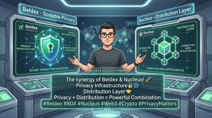 An illustrated graphic showing a man standing between two futuristic screens labeled 'Beldex - Scalable Privacy' and 'Nucleus - Distribution Layer', promoting their synergy with hashtags including #Beldex, #BDX, #Nucleus, and #Crypto.