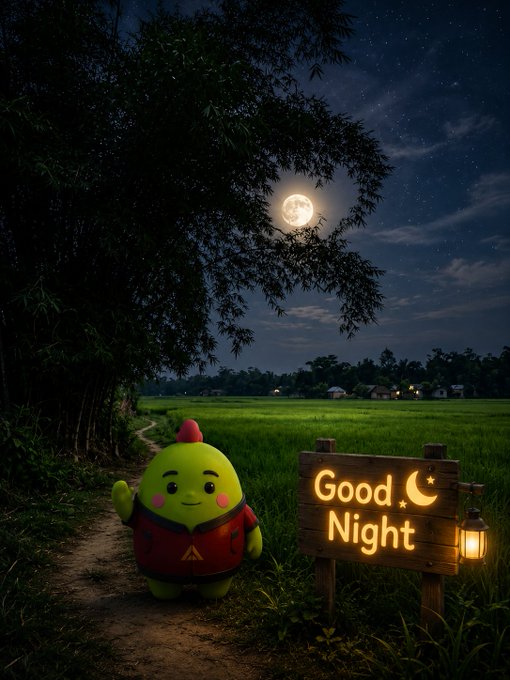 A cute, round, green character in a red outfit waves next to a glowing 'Good Night' sign with a moon and star, set in a moonlit bamboo and field landscape.