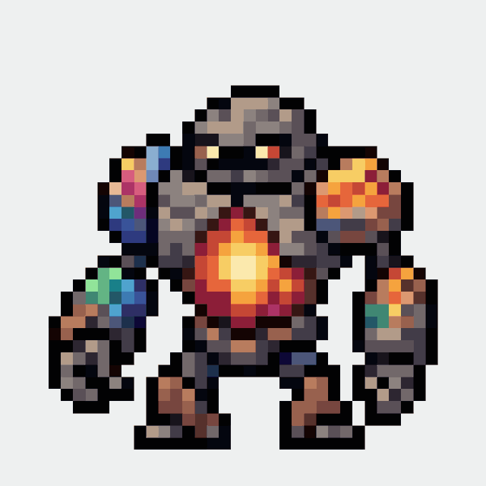 A pixel-art character resembling a futuristic armored knight with glowing orange chest and shoulder accents stands against a white background.