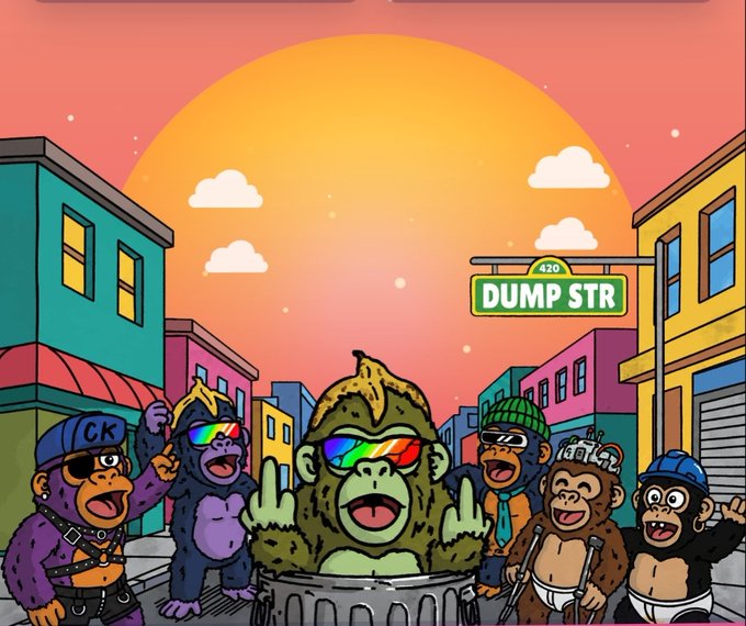 A cartoon illustration features a group of anthropomorphic apes wearing sunglasses and hats gathered on a street called "DUMP STR," with a large ape in the center making a middle-finger gesture.
