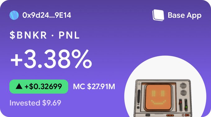 The image showcases a stylized Base App sharing card displaying a portfolio gain of +3.38% (+$0.32699) on $BNKR with a market cap of $27.91M and an invested amount of $9.69, featuring a retro TV smiley face graphic that ties into the promotional post celebrating Base App's new feature for flexing PNL gains.