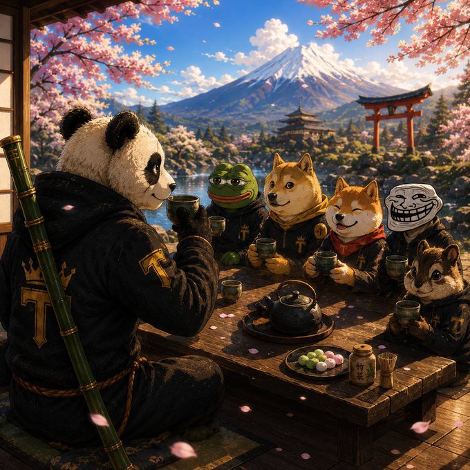 A panda in a monk's robe toasts with Shiba Inus, Pepe the Frog, a trollface, and a chipmunk during a Japanese tea ceremony with Mt. Fuji and cherry blossoms in the background, reflecting the "Takeo" meme coin's branding of a united, irreverent community rallying against empty crypto promises.