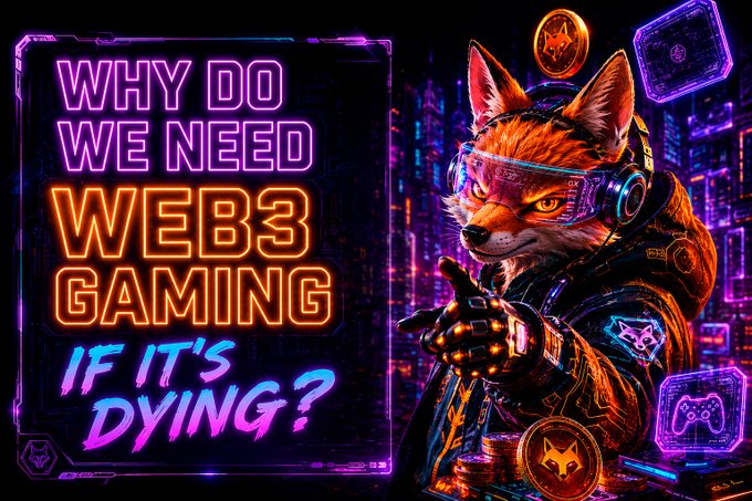 A vibrant neon-style graphic featuring a futuristic fox character wearing VR goggles and gaming gear, with bold text asking 'WHY DO WE NEED WEB3 GAMING IF IT'S DYING?' against a cyberpunk cityscape background.