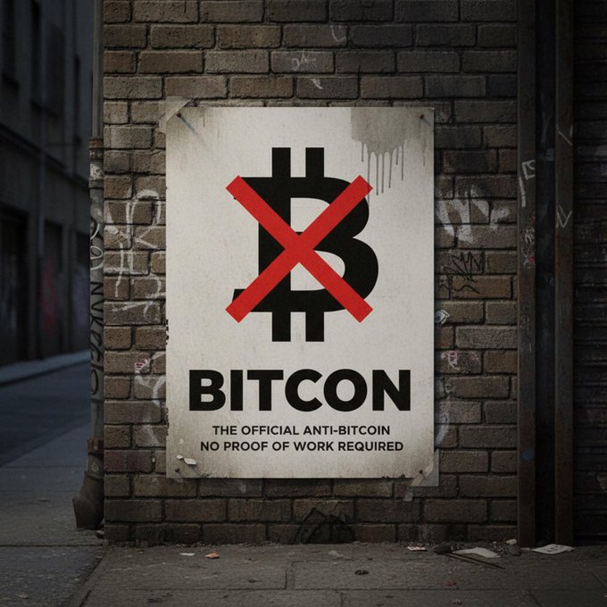 A street poster on a brick wall displays the Bitcoin logo crossed out in red with the text 'BITCON - THE OFFICIAL ANTI-BITCOIN - NO PROOF OF WORK REQUIRED.'