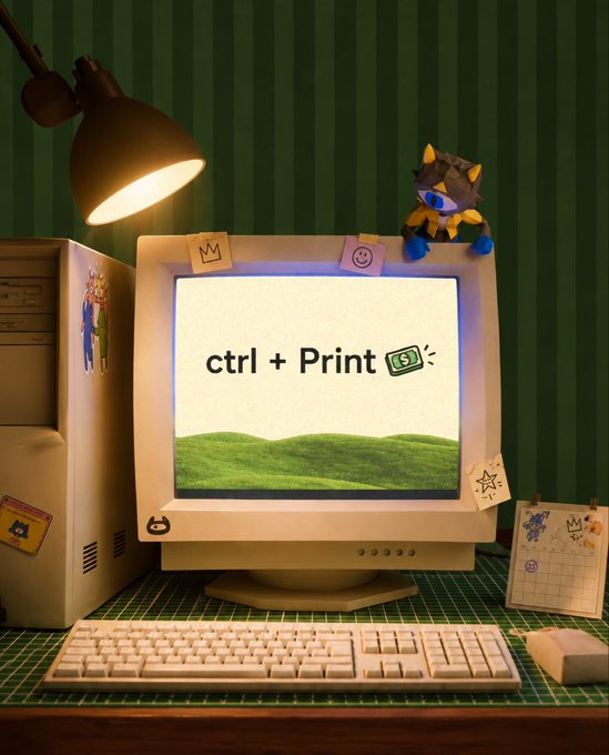 A stylized 3D render of a retro CRT computer setup displaying 'ctrl + Print' on a Windows 95-style wallpaper, complete with a mechanical keyboard, mouse, desk lamp, and a small character figure on top of the monitor.