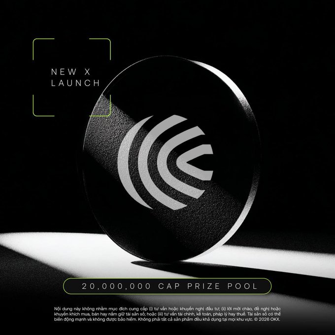 A dark promotional image for a 'NEW X LAUNCH' featuring a black circular emblem with a stylized 'C' logo, a '20,000,000 CAP PRIZE POOL' banner, and Vietnamese disclaimer text at the bottom.