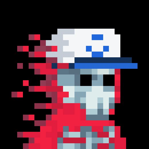 A pixel art depiction of a grey, zombie-like face wearing a hat with a blue band, with red pixelated splatter effects on a black background.