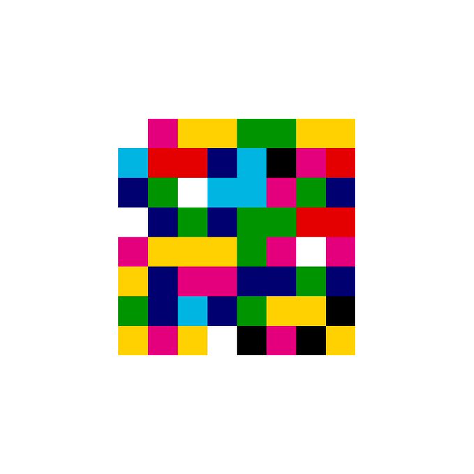 A square made up of colorful blocks in pink, yellow, green, blue, red, white, and black arranged on a white background.