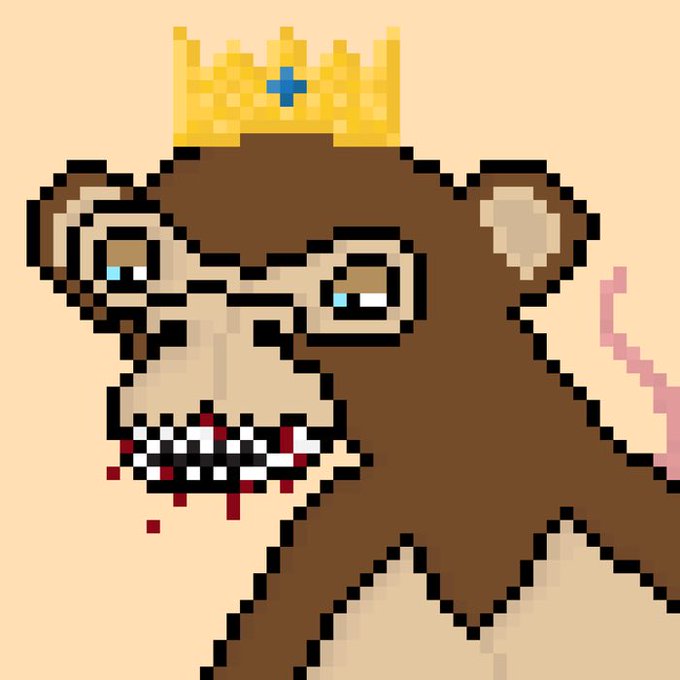 A pixel art illustration of a monkey wearing a golden crown, grinning to reveal teeth covered in blood against a peach-colored background.