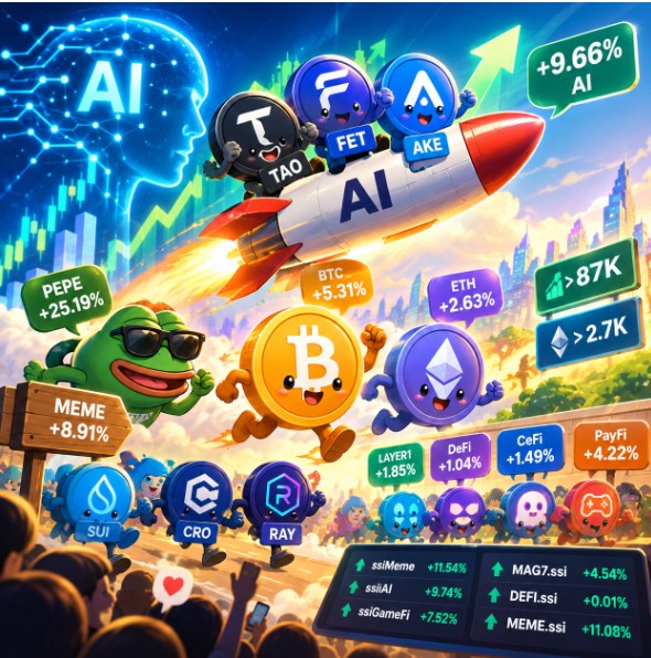 A colorful crypto illustration showing an AI rocket surrounded by mascots and tokens including BTC (+5.31%), ETH (+2.63%), PEPE (+25.19%), MEME (+8.91%), TAO, FET, AKE (+9.66%), SUI, CRO, RAY, and others with various percentage gains.