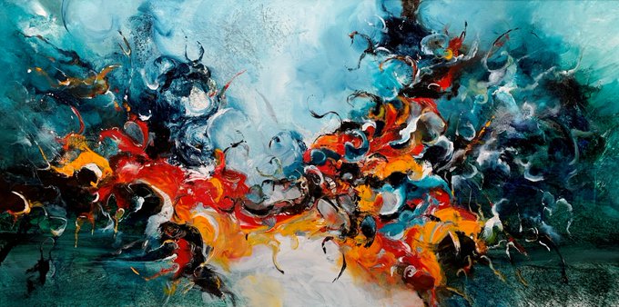An abstract painting features swirling, chaotic strokes of teal, orange, red, and black with dripping paint effects.