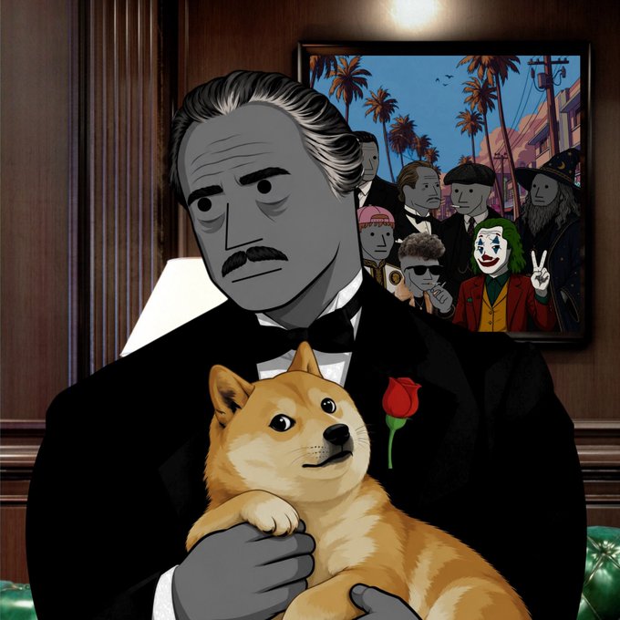 An illustration depicting a man with gray hair and mustache in a black tuxedo holding a Shiba Inu dog with a red rose, while a crowd including the Joker character is visible in a framed picture behind him.