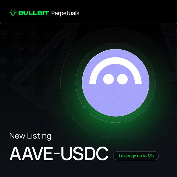 A promotional graphic from Bullbit Perpetuals announcing the new listing of the AAVE-USDC trading pair, featuring the purple AAVE token logo prominently in the center with green accent lighting. The design includes the Bullbit branding at the top and highlights "Leverage up to 50x" alongside the new listing announcement, directly supporting the post about expanding their perpetuals lineup.