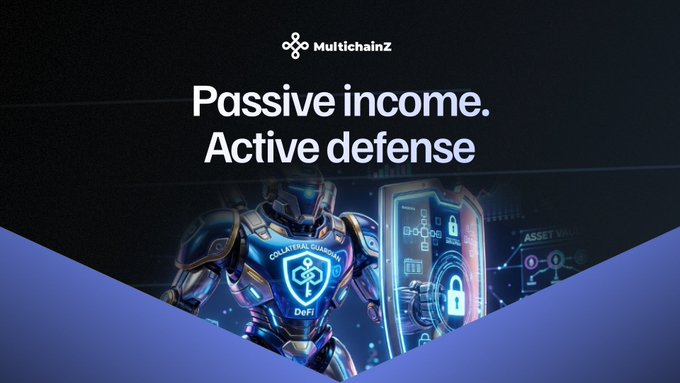A promotional banner for MultichainZ featuring a futuristic armored figure with a shield, advertising 'Passive income. Active defense' with DeFi branding.