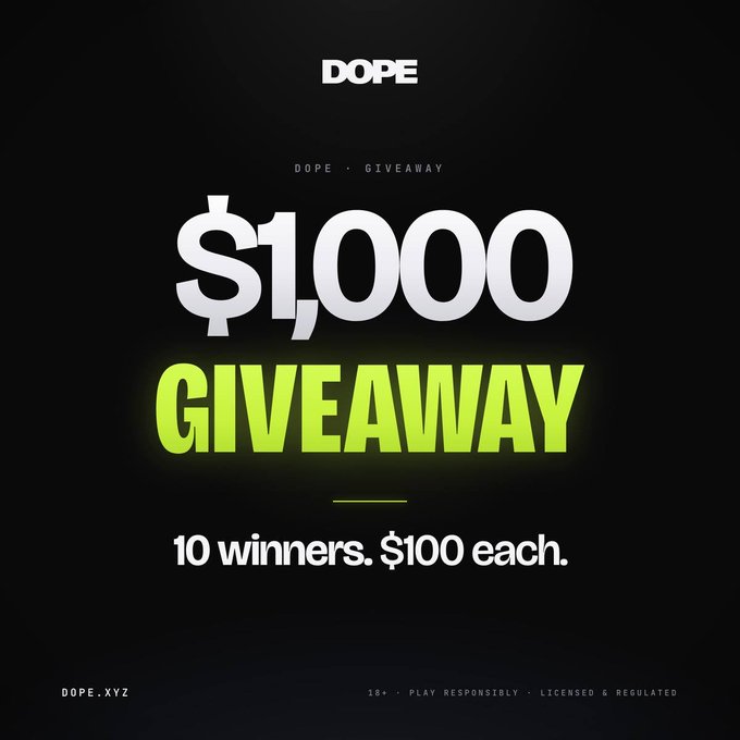 A promotional graphic for a $1,000 giveaway by DOPE, featuring "DOPE" branding and the text "$1,000 GIVEAWAY" with details "10 winners. $100 each." on a black background, alongside its URL "DOPE.XYZ" and responsible gambling disclaimers, advertising a Twitter/X contest where participants must follow @dopexyz to win $100 each in SOL.