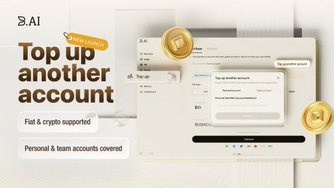 A promotional graphic for 'B.AI' advertising a 'Top up another account' feature, noting 'Fiat & crypto supported' and 'Personal & team accounts covered' with gold coins shown.