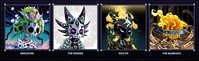 A row of four digital artwork NFTs titled 'DREADVEIL', 'THE UNSEEN', 'NOCTIS', and 'THE NAMELESS', featuring various mystical skulls and creatures.