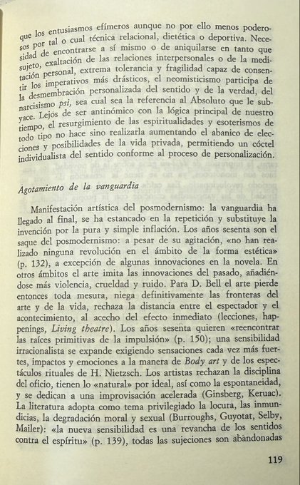 A page (119) of Spanish text discussing postmodernism, neostoicism, and avant-garde art ('Agotamiento de la vanguardia'), referencing authors like Bell, Nietzsche, Ginsberg, Kerouac, Burroughs, and Mailer.