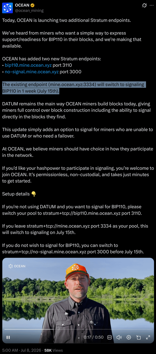 OCEAN mining pool announces two new Stratum endpoints—one for explicit BIP110 signaling (bip110.mine.ocean.xyz port 3110) and one to opt out (no-signal.mine.ocean.xyz port 3000)—with the main endpoint switching to default BIP110 signaling on July 15th, giving miners choice in how they participate.