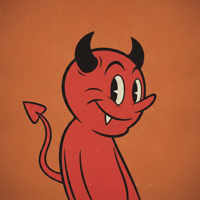 A retro-style cartoon red devil with black horns, a pointed tail, and a small fanged smile is featured against an orange halftone background, matching the playful "LIL DEVILS Free Mint" NFT promotion for the lildevils.xyz project launching in one hour.