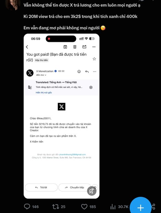 A Twitter/X post by Vân shows a screenshot of a payment notification from X Monetization for $19.73 sent to 'kieuvan20011', with text complaining about X paying every person.