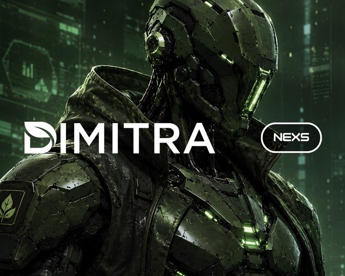 A futuristic robot character in green metallic armor with the text 'DIMITRA' and 'NEXS' displayed prominently against a dark cityscape background.