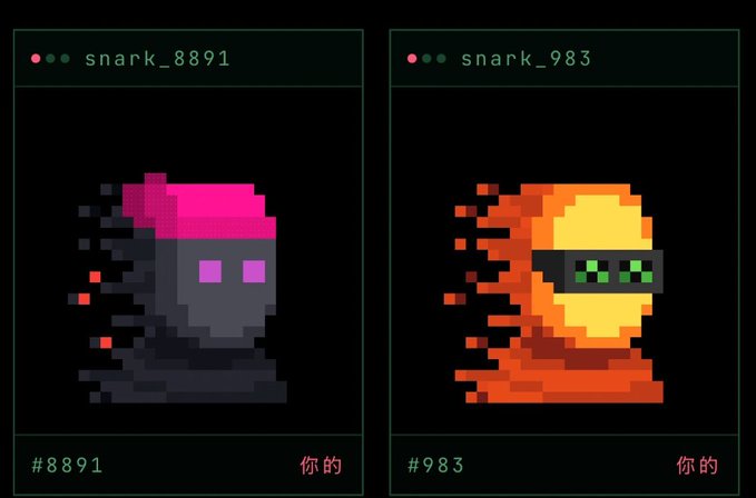 A digital interface displays two pixel-art character portraits labeled 'snark_8891' (a dark figure with pink hair) and 'snark_983' (an orange, meteor-like creature with green visor), with the text '#8891' and '#983' along with '你的' below each.