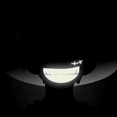 A minimalist black-and-white drawing of a wide, toothy grin floating in darkness with two small 'x' marks on its forehead.