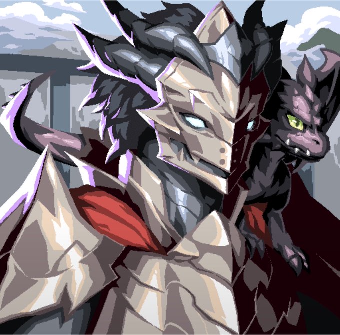 A pixel-art knight in ornate metallic armor stands alongside a small black dragon with glowing yellow eyes, set against a cloudy sky backdrop. The image evokes themes of loyalty, alliance, and partnership—mirroring the post's message about building a tight-knit, mutually supportive network rather than focusing on follower counts.