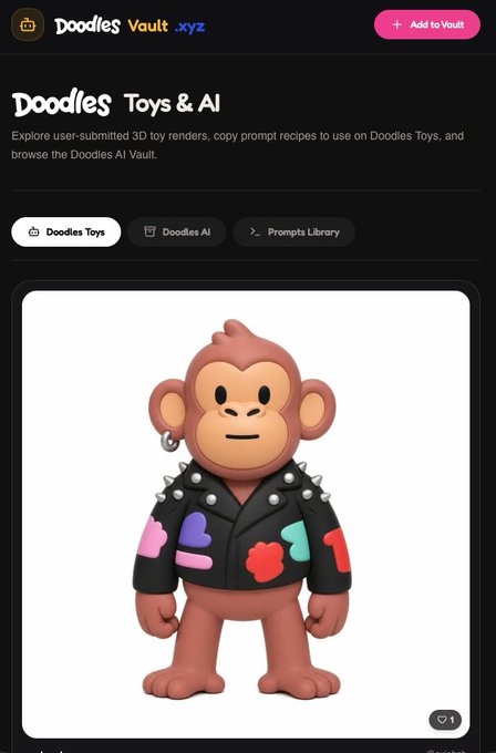 Screenshot from Doodles Vault .xyz showing 'Doodles Toys & AI' section featuring a 3D render of a brown monkey character wearing a black studded jacket with colorful patches.