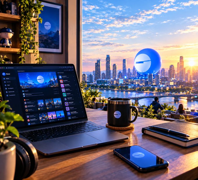 A digital lifestyle image showing a laptop displaying a social media feed on a wooden desk alongside a branded mug and phone, with a futuristic cityscape and floating planet visible through a window at sunset.
