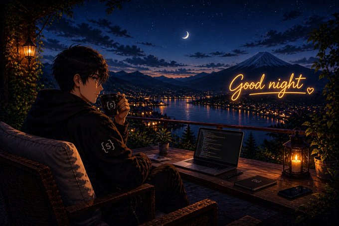 An anime-style illustration of a person in a hoodie drinking from a mug while coding on a laptop on a balcony at night, with a city and Mount Fuji in the background and 'Good night ♡' in neon text.