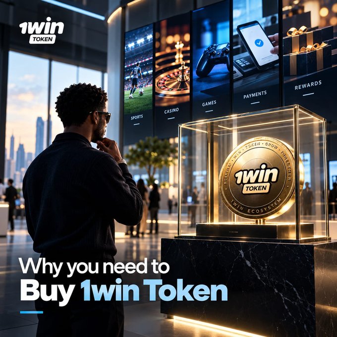 An advertisement for 1win Token titled 'Why you need to Buy 1win Token' showing a man contemplating a large gold 1win Token displayed in a glass case, with categories like Sports, Casino, Games, Payments, and Rewards shown in the background.