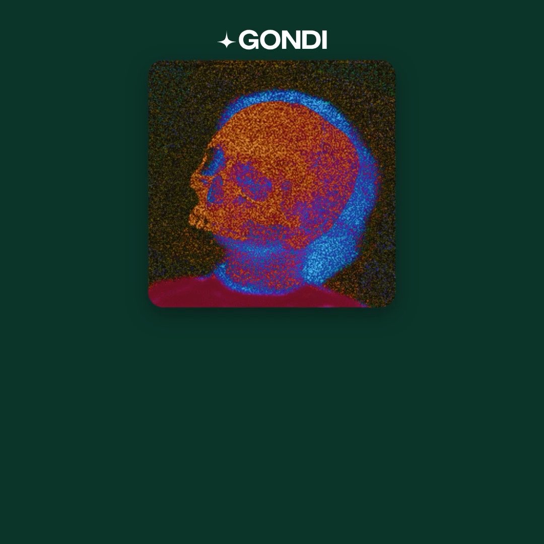 An artistic profile portrait of a person rendered in a noisy, colorful texture of orange and blue, displayed under the "GONDI" logo on a dark green background.