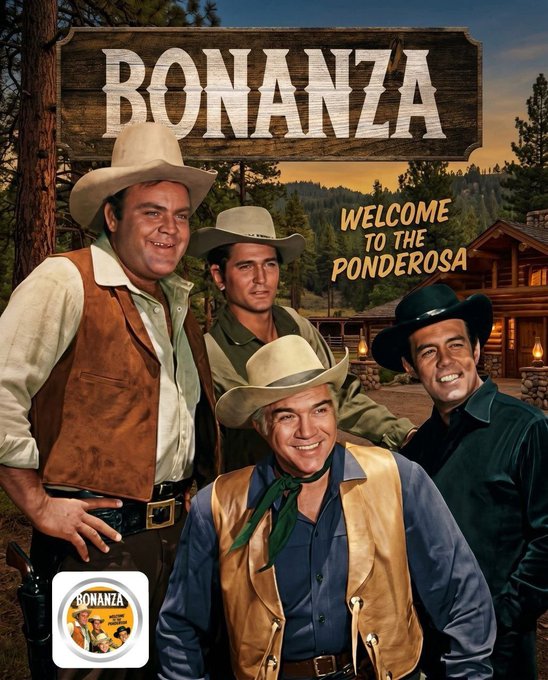 A retro-style promotional poster featuring the four cowboy characters from the classic TV show "Bonanza" with the text "BONANZA" at the top, "WELCOME TO THE PONDEROSA" in the middle, and a small logo in the bottom left corner. The image serves as nostalgic branding for the $BONANZA Solana token, leveraging the show's iconic Western imagery to promote the cryptocurrency project mentioned in the post.