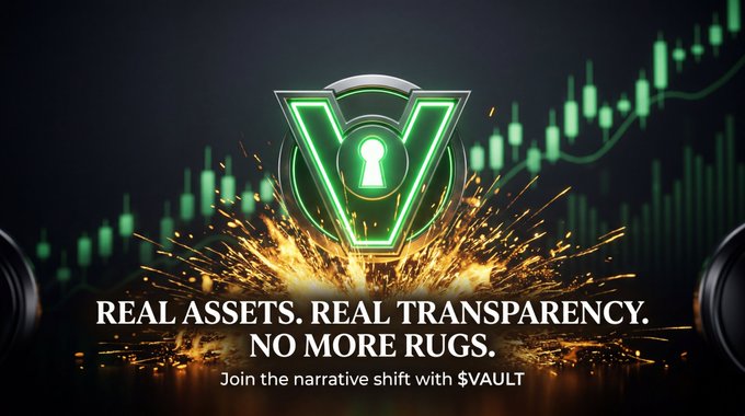 A promotional graphic for '$VAULT' reading 'REAL ASSETS. REAL TRANSPARENCY. NO MORE RUGS. Join the narrative shift with $VAULT' featuring a green padlock shield logo over an explosion and stock chart background.