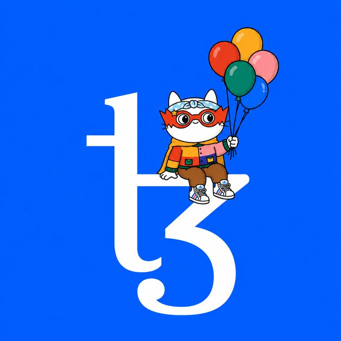 A blue background displays the stylized 't3' logo with a cartoon cat mascot wearing a mask and goggles, holding colorful balloons.