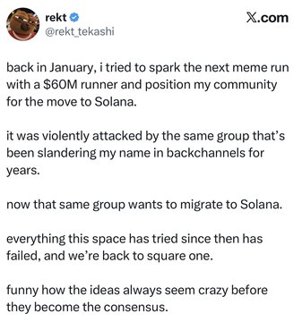 A screenshot of an X.com post by rekt (@rekt_tekashi) discussing a $60M runner to spark a meme run and positioning his community for a move to Solana.