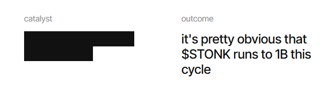 A graphic from Catalyst Markets shows a black silhouette logo alongside the headline "it's pretty obvious that $STONK runs to 1B this cycle," promoting a bullish prediction for the $STONK ticker to reach a 1 billion market cap.