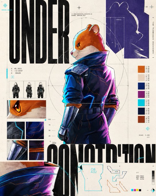 An artistic character design sheet titled "UNDER CONSTRUCTION" featuring an anthropomorphic orange and white cat wearing a futuristic blue and black jacket with glowing orange circuitry details.