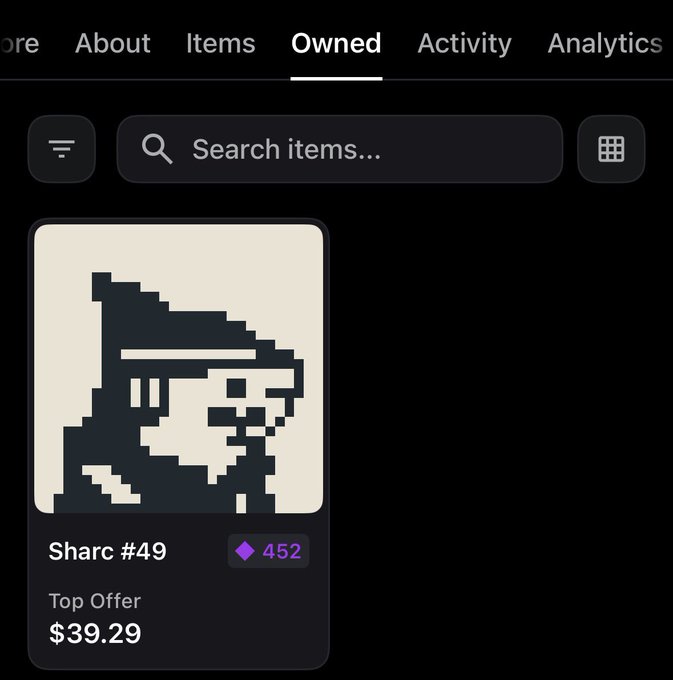 A mobile app screen showing an NFT marketplace with a pixel art item titled 'Sharc #49', priced at $39.29 with 452 gems, listed under the 'Owned' tab.