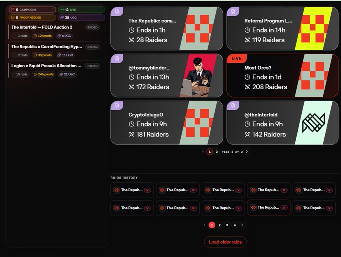 A screenshot of the Interfold (Celestia) website showing active campaigns and raids, including "The Republic", "Referral Program", "Most Ores?" (LIVE with 208 Raiders), and various crypto fundraising campaigns with countdown timers.
