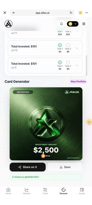 A mobile screenshot of the Allox app showing investment tasks completed and a 'Card Generator' featuring a $2,500 BTC investment card.