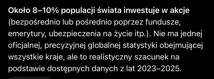 Polish text on a black background stating that about 8-10% of the world's population invests in stocks (directly or indirectly through funds, pensions, life insurance, etc.), based on data from 2023-2025.